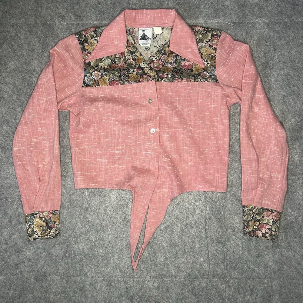Vtg 70's Women's Xs Shirtery Crop Pink Tie Knot Floral Long Sleeve Button Up